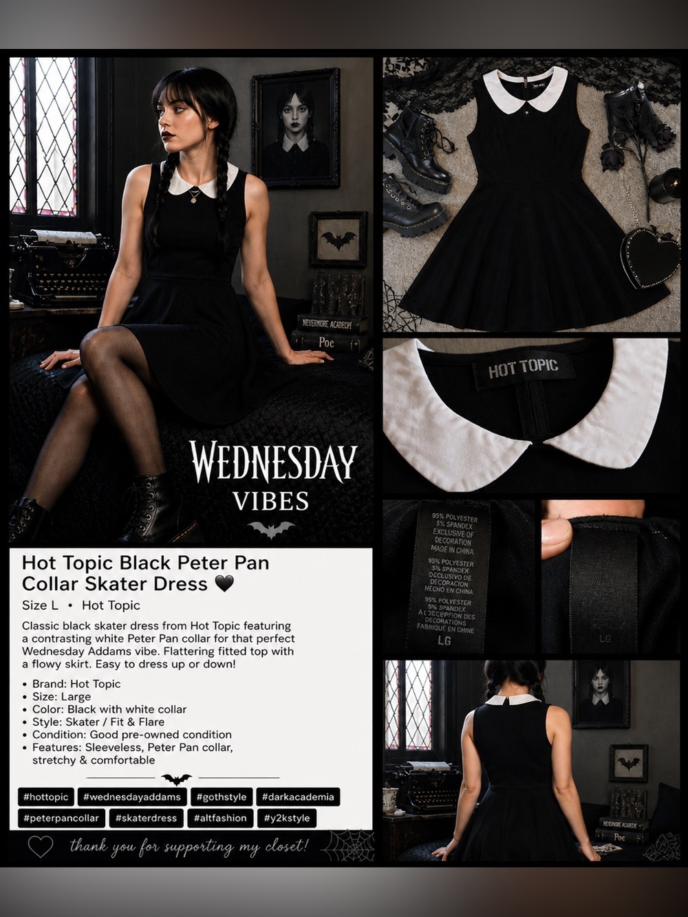 Hot Topic Wednesday Addams Style Black Peter Pan Collar Dress Size L